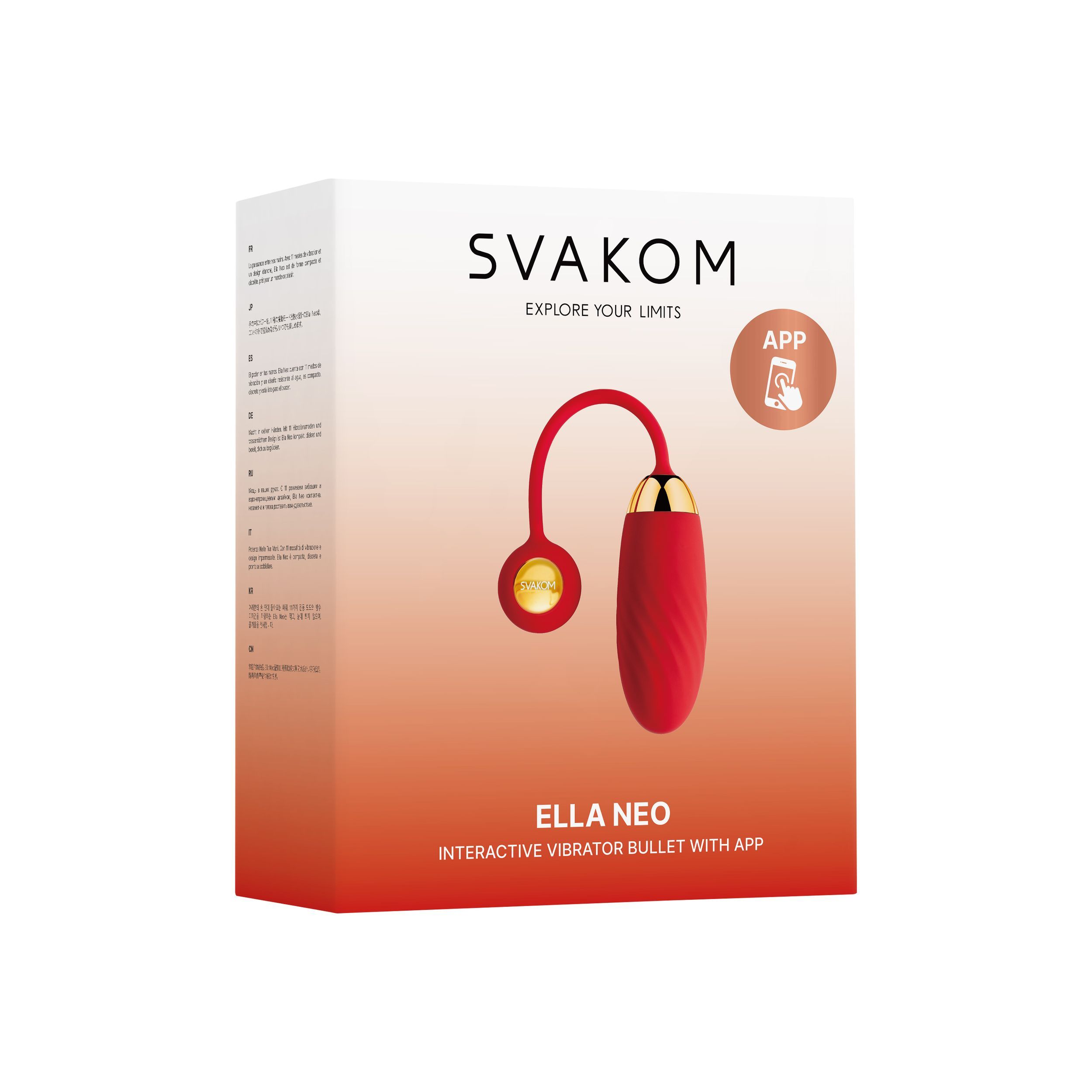 Verpackung von SVAKOM Ella Neo. Produkt und App-Symbol abgebildet. Text: Interactive Vibrator Bullet with App.