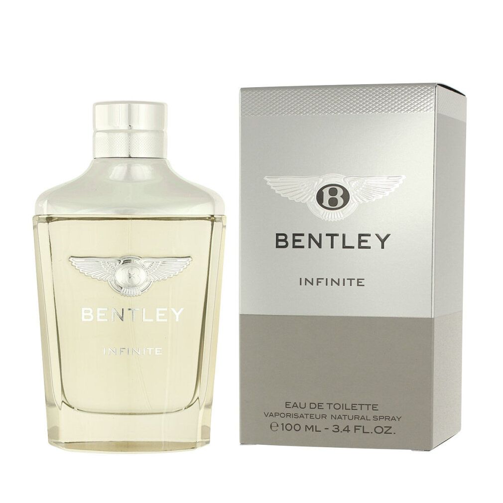 Bentley Infinite Eau de Toilette Spray und Verpackung. Rechteckige Flasche und Schachtel. Logo und Produktname.