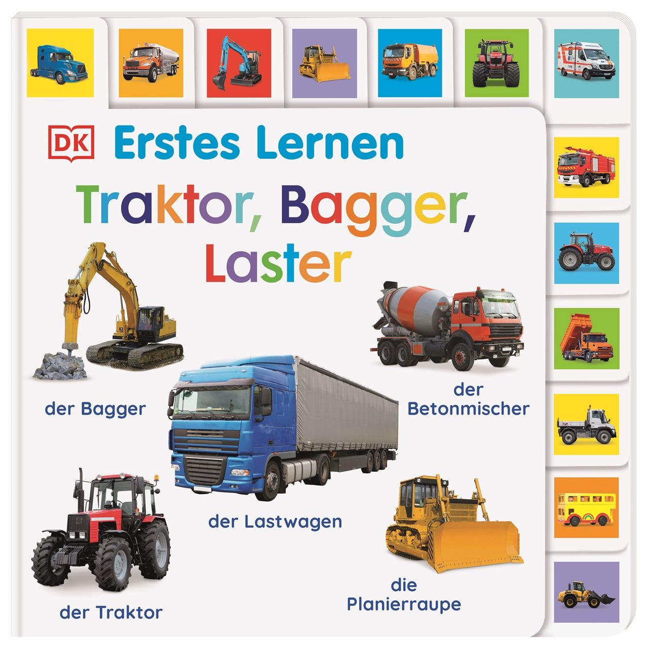 Buch "Erstes Lernen. Traktor, Bagger, Laster". Fahrzeuge auf farbigen Seiten. Titel in Großbuchstaben. DK-Logo.
