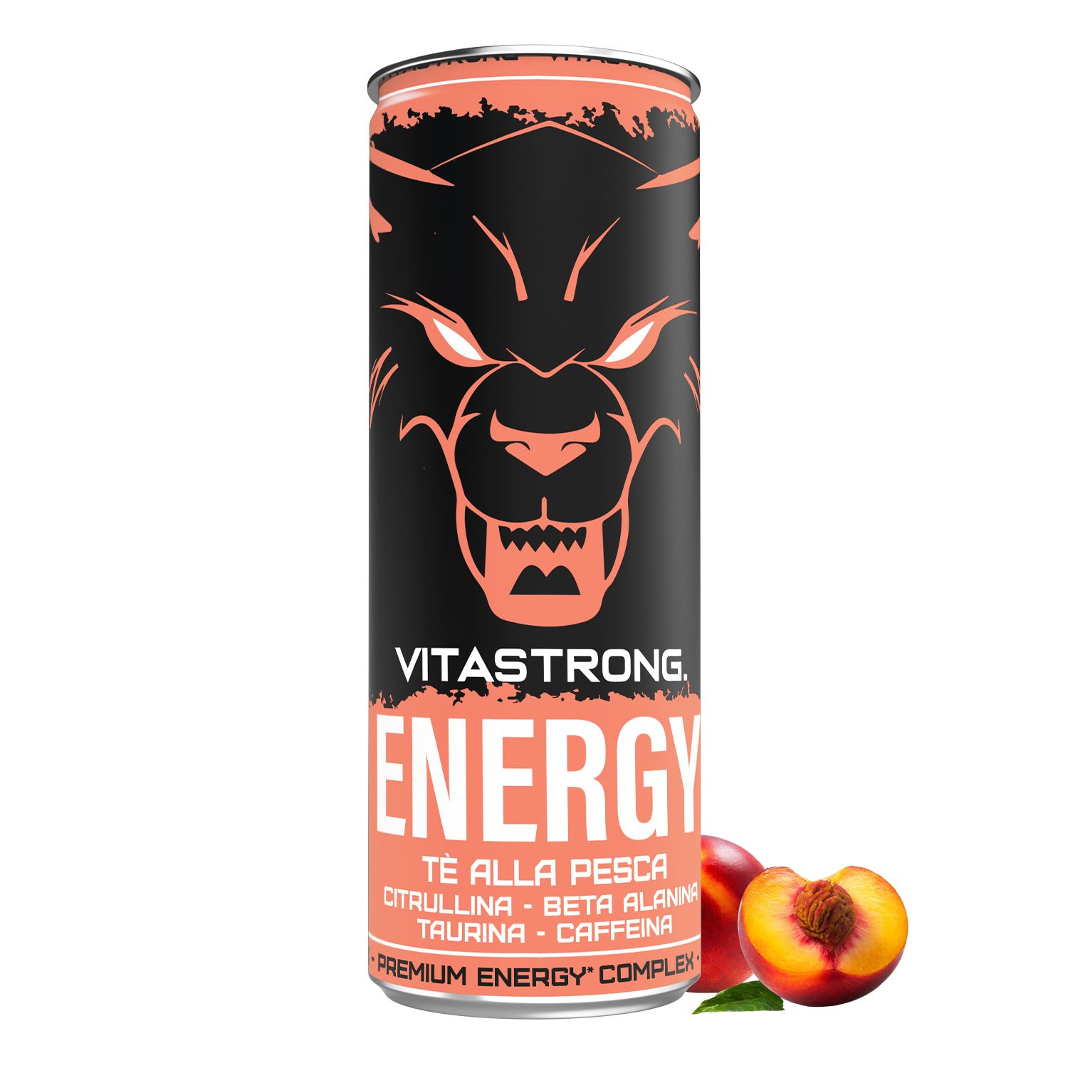 Vitastrong Energy Peach Tea Dose. Pfirsichhälfte. Text: ENERGY, Tè alla Pesca, Citrullina, Taurina, Koffein.