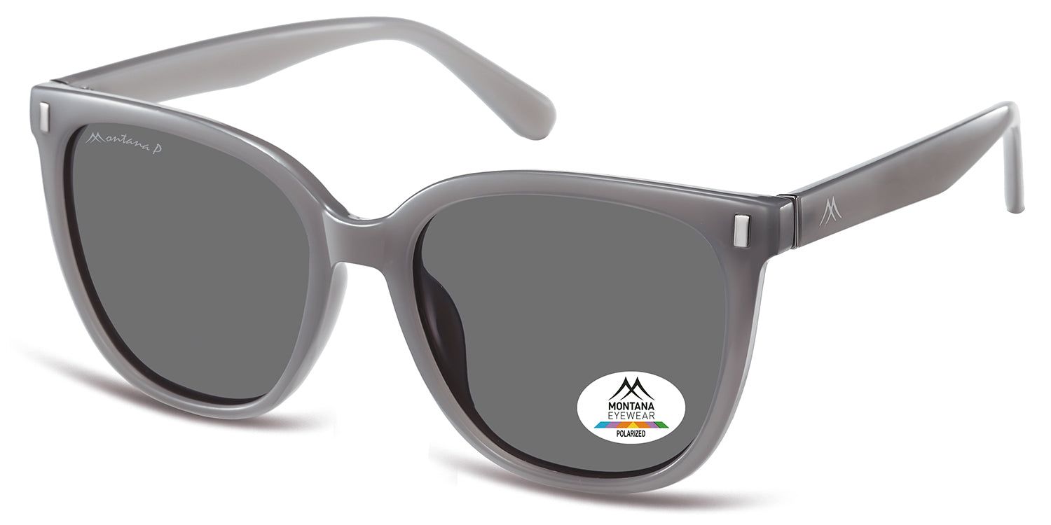 Graue Sonnenbrille mit dunklen Gläsern. Montana Eyewear Logo auf dem Rahmen. Polarisiert-Aufkleber auf dem Glas.