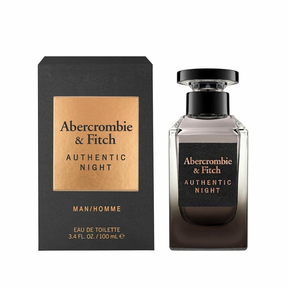 Authentic Night Man Eau de Toilette Spray Flakon und Verpackung. Schwarze Verpackung mit goldenem Logo. Flakon mit schwarzem Verschluss.