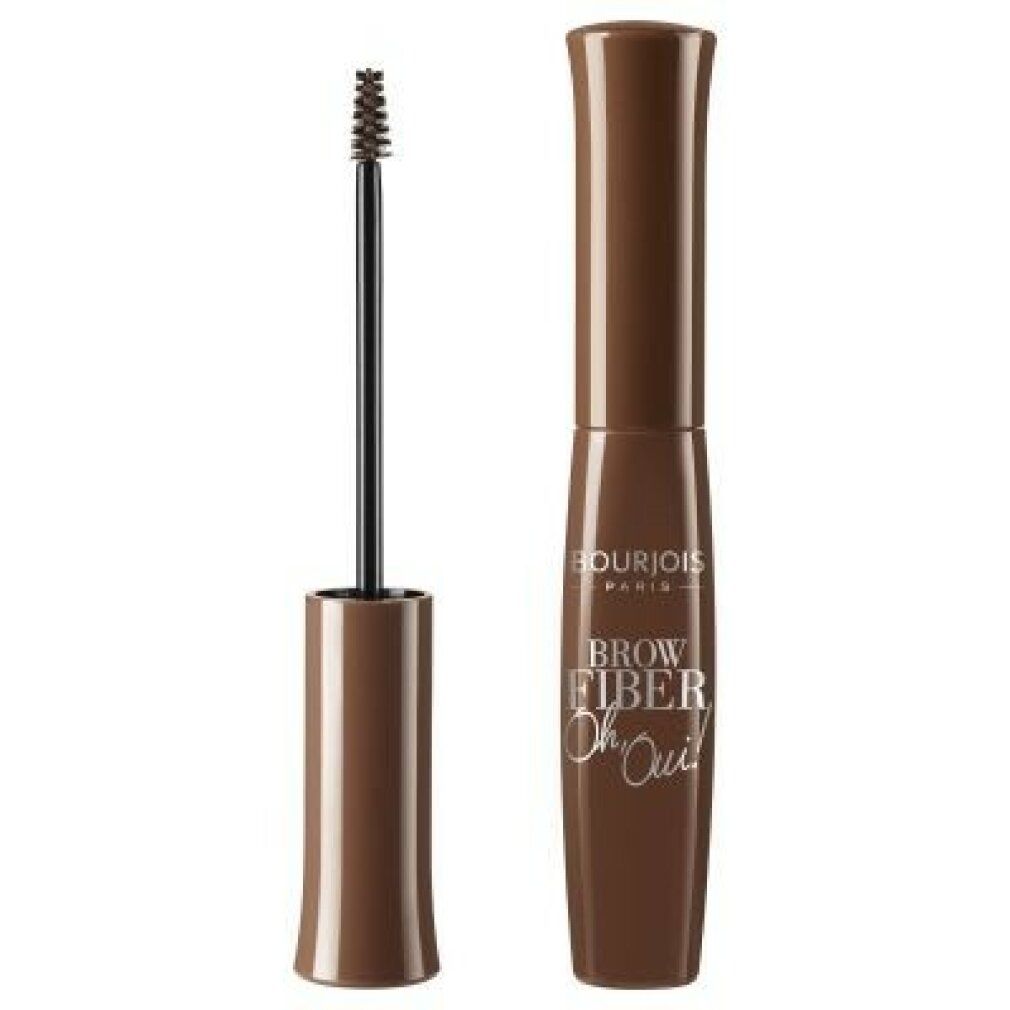 Brauenmascara, braune Tube und Applikator. Aufschrift: Bourjois Brow Fiber Oh Oui!