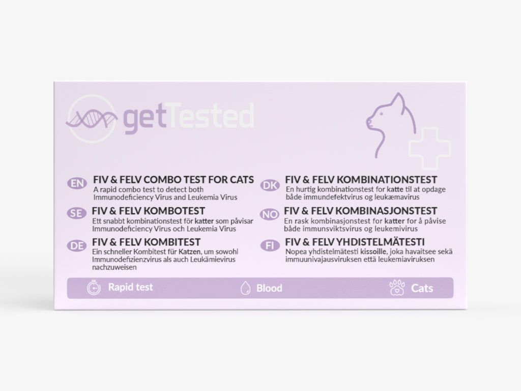 Hellviolette Produktverpackung mit Text: FIV & FeLV Kombitest. Logo: getTested. Enthält Informationen in mehreren Sprachen, sowie Icons für Blut und Katzen.