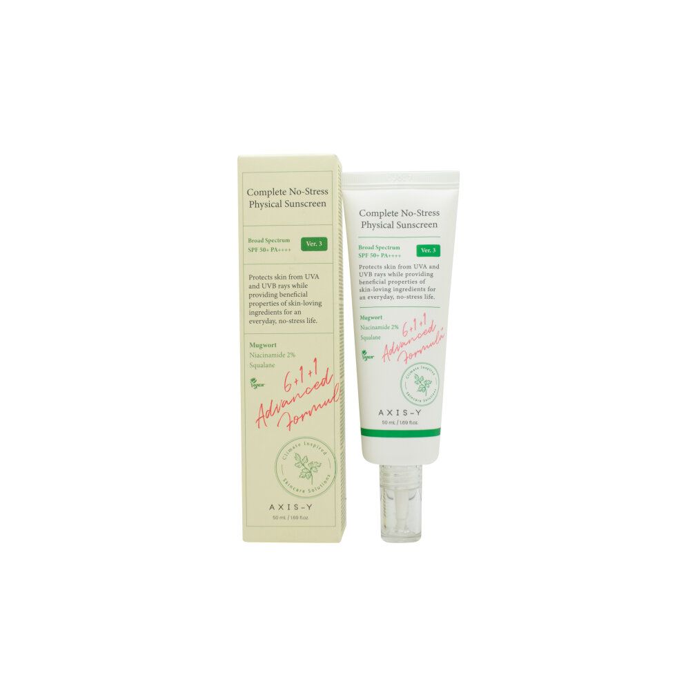 AXIS-Y Complete No-Stress Physical Sunscreen Tube, SPF 50+ PA++++, Ver. 3, isoliert.