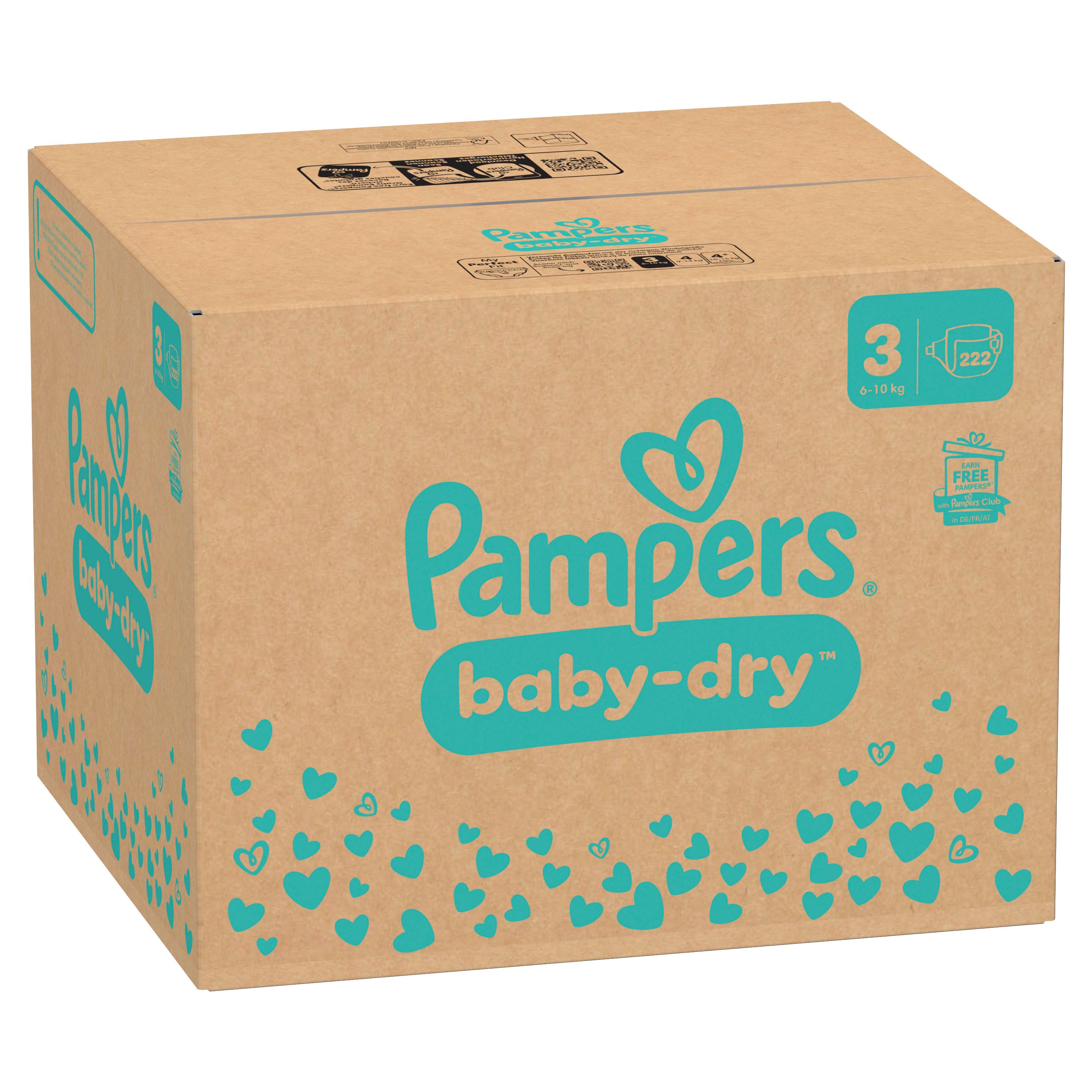 Braune Pappbox mit Pampers Baby-Dry Logo und Herzchen-Design. Aufdrucke: Größe 3, 222 Windeln. Verpackung für Monatsbox.