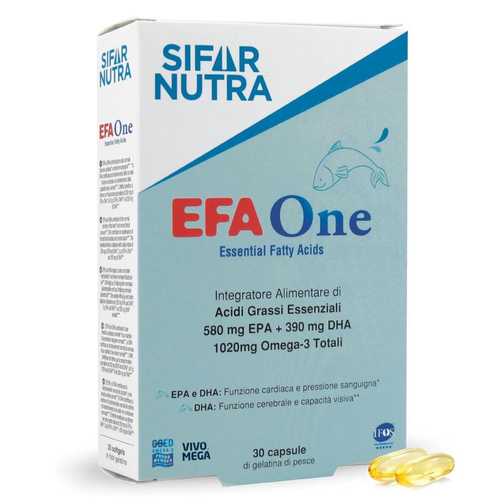 Packung Sifar Nutra EFA One. 30 Kapseln. Text: 580 mg EPA + 390 mg DHA. Informationen zu Inhaltsstoffen und Anwendung.