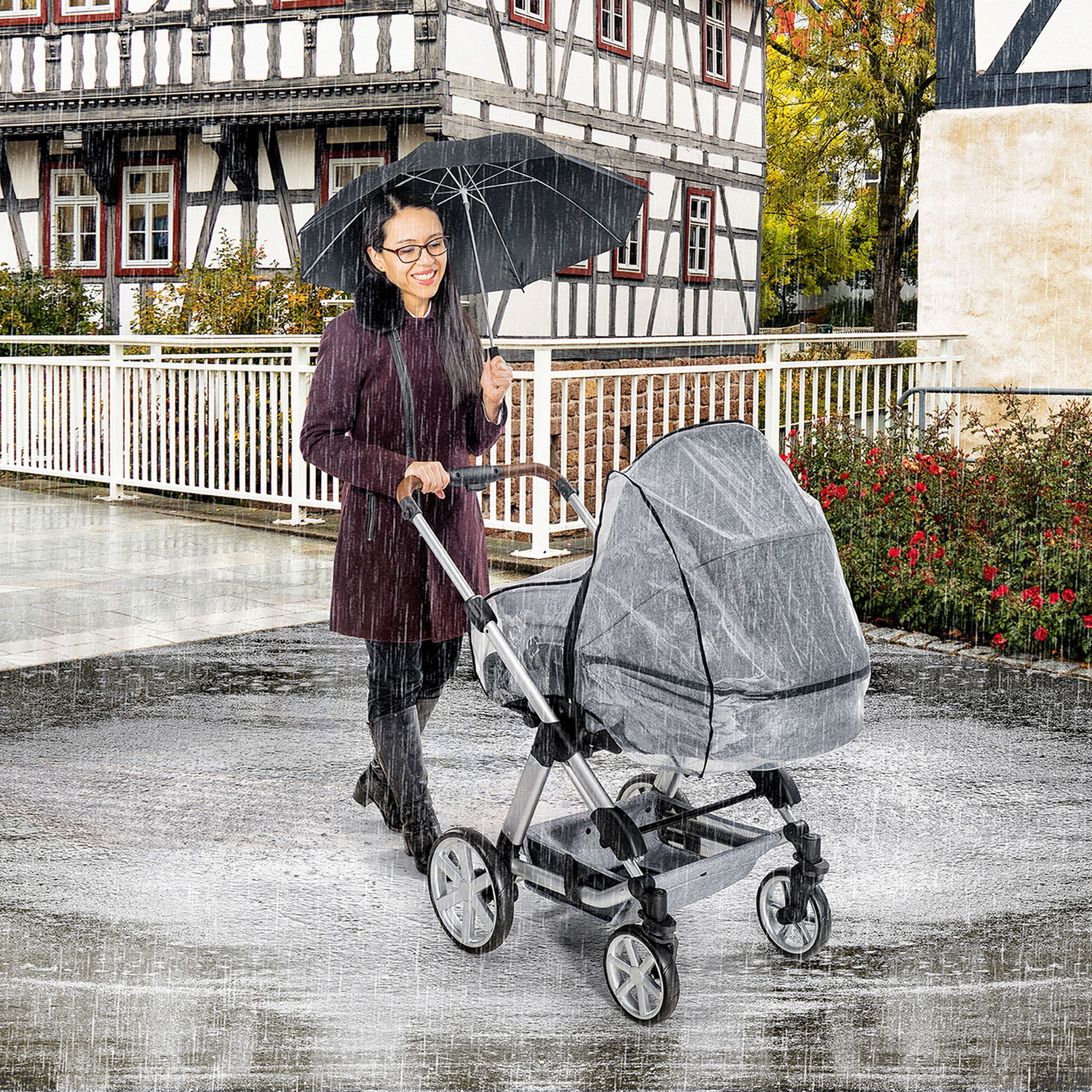 reer RainCover Classic+ Regenschutz für Kombi-Kinderwagen mit Reißverschluss