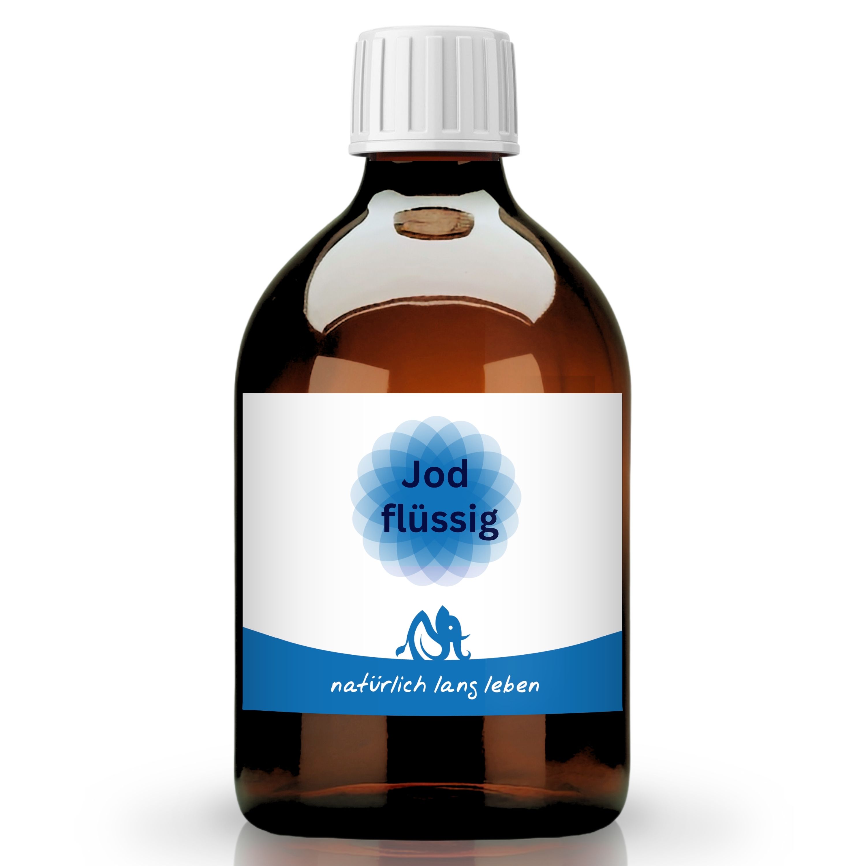 Braune Glasflasche mit weißem Deckel und Etikett. Aufschrift: Jod flüssig, natürlich lang leben. Blaues Logo.