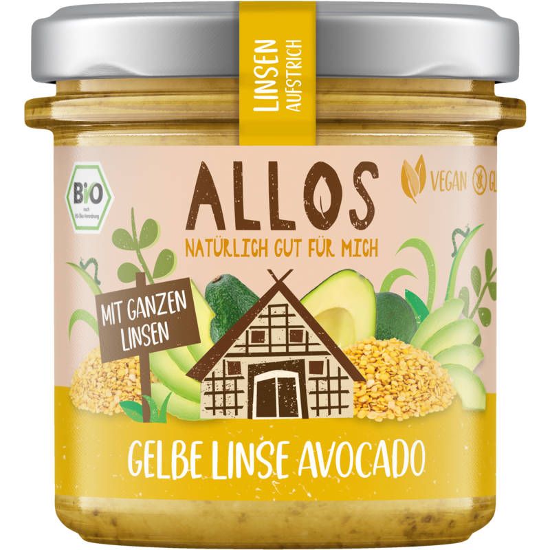Glas mit Aufstrich. Aufschrift: ALLOS, Gelbe Linse Avocado. Mit Bio-Siegel und Vegan-Logo. Gelber Aufstrich mit Avocado-Illustration.