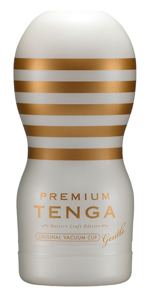 Weißer Vakuum-Cup mit goldenen Streifen. Produktname: PREMIUM TENGA ORIGINAL VACUUM CUP Gentle.
