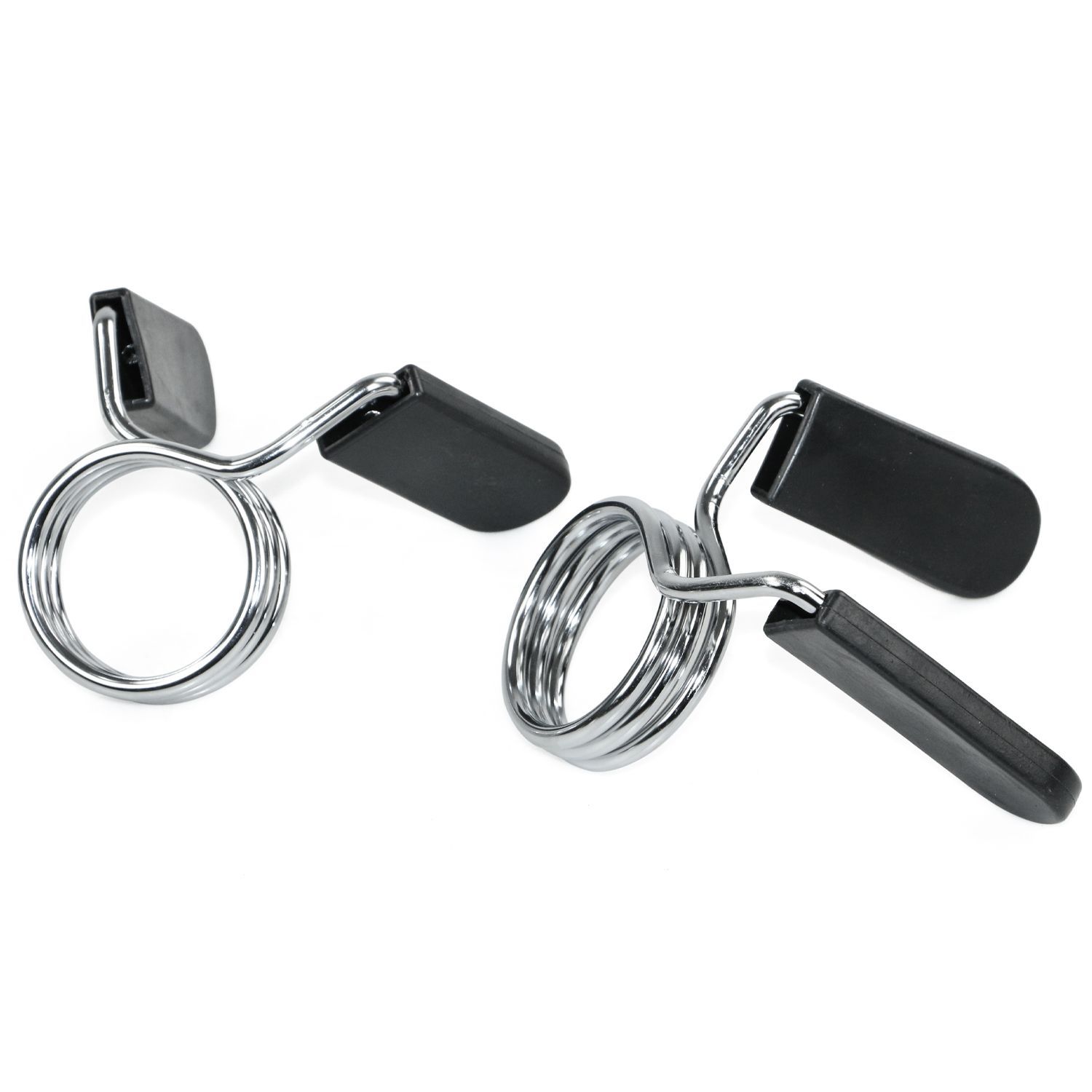 Zwei Federverschlüsse. Metall, schwarz. Für Hantelstangen. Detailansicht.