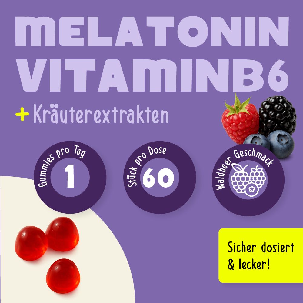 Lila Hintergrund mit Illustrationen. Kreise mit Text: Gummies pro Tag 1, Stück pro Dose 60, Waldbeergeschmack. Rote Gummibärchen.