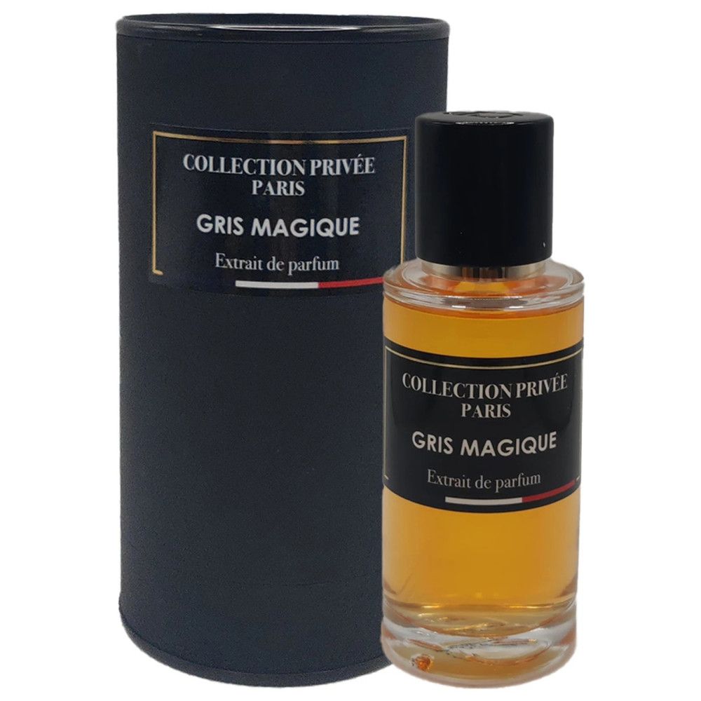 Parfümflakon mit schwarzem Deckel und zylindrischer Verpackung. Aufschrift: COLLECTION PRIVÉE PARIS, GRIS MAGIQUE, Extrait de parfum.