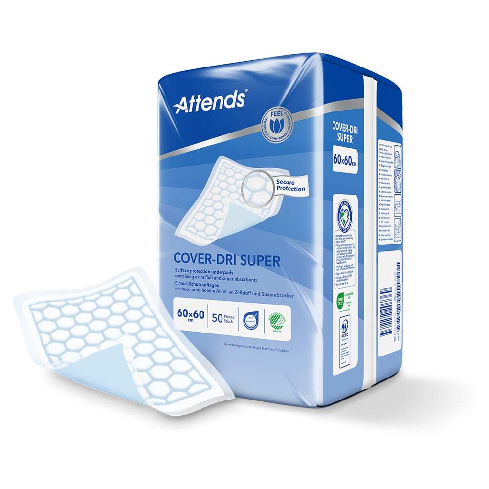 Attends Cover-Dri Super, 60x60 cm, Verpackung und Produkt. Blaue Verpackung, Produkt daneben. 50 Stück.