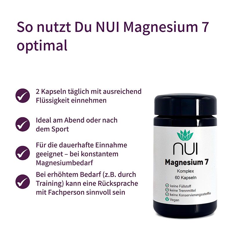 NUI Magnesium 7 Flasche. Schwarzer Deckel, weißes Etikett. Text: 2 Kapseln täglich mit Flüssigkeit.