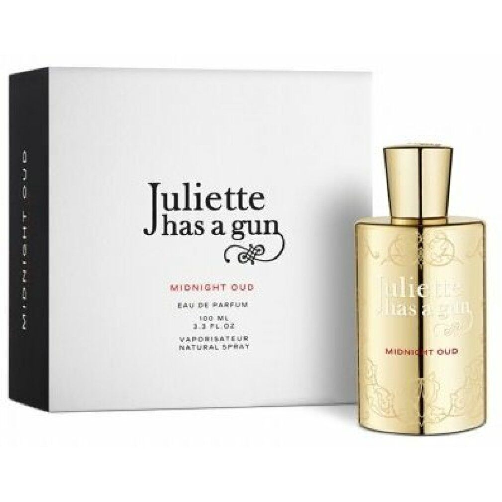 Goldfarbener Flakon und weiße Schachtel. Aufschrift: Juliette Has a Gun Midnight Oud Eau de Parfum.