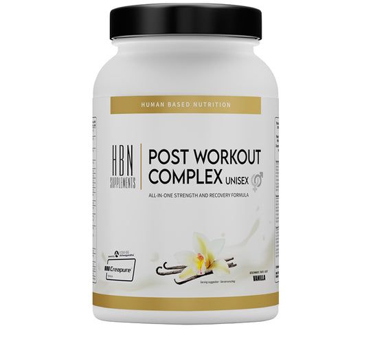 Weißes Supplement-Behälter mit schwarzem Deckel. Aufschrift: HBN Supplements, Post Workout Complex Unisex. Mit Vanille-Illustration.
