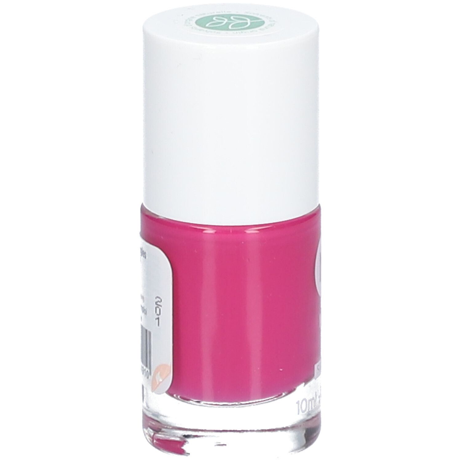 Nagellackflasche, bonbonrosa. Weißer Deckel, transparente Glasflasche. Etikett mit Produktinformationen.