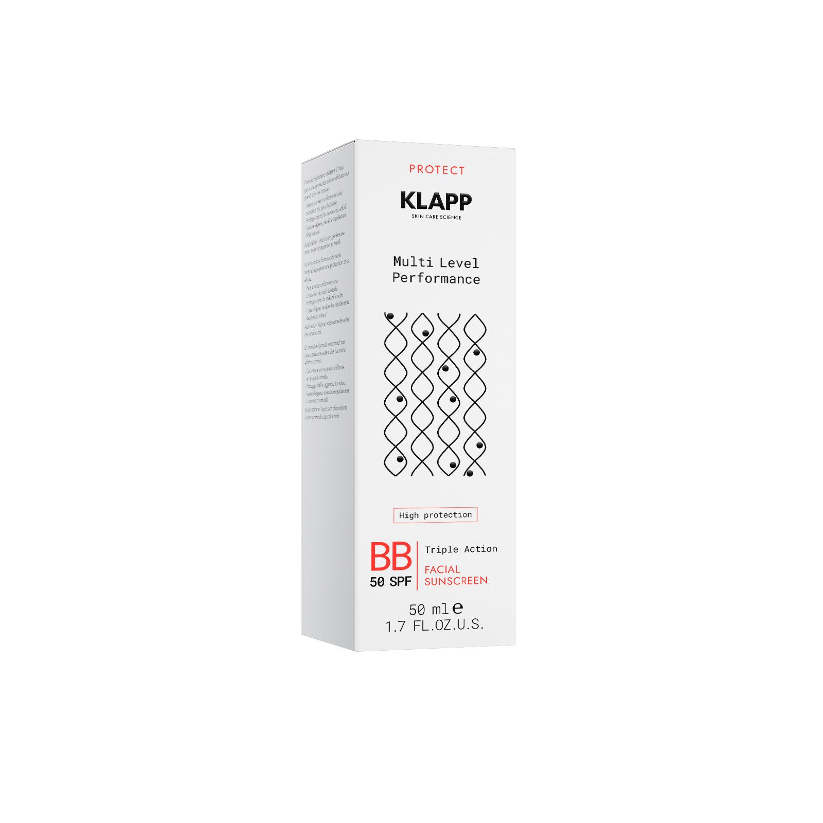 Klapp Sonnenschutzmittel in weißer Verpackung. Text: Multi Level Performance, BB 50 SPF, Triple Action Facial Sunscreen.