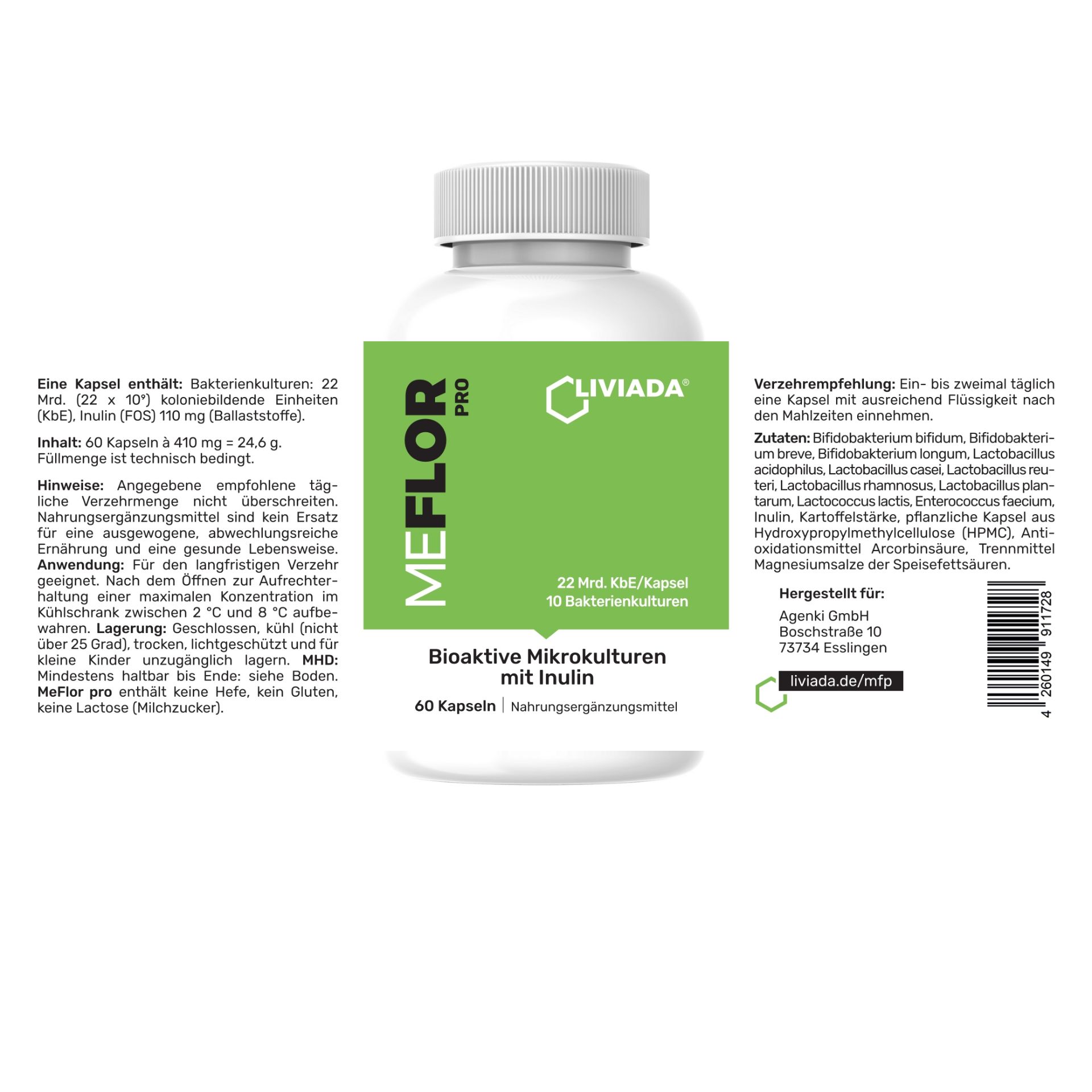 Weiße Flasche mit grünem Etikett. Enthält 60 Kapseln. Aufschrift: MEFLOR PRO, Bioaktive Mikrokulturen mit Inulin. Herstellerinformationen.