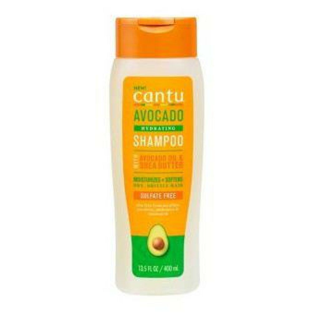 Cantu Avocado Hydrating Shampoo Flasche. Orangefarbener Deckel, weißer Behälter, grünes Etikett mit Produktinformationen und Avocado-Illustration.