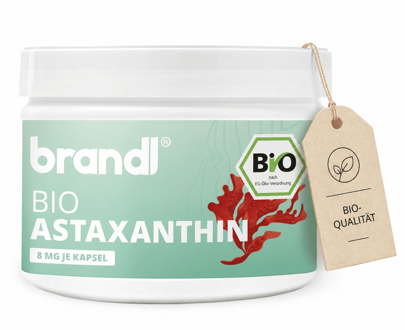 Weißes Glas brandl® Bio Astaxanthin. Bio-Siegel. Anhängeetikett. Text: Bio-Qualität, 8 mg je Kapsel.