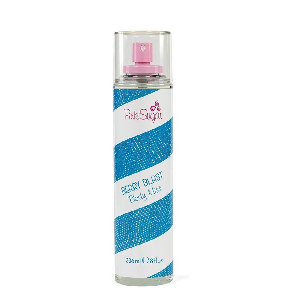 Körpernebel mit blau-weißem Streifenmuster. Rosa Sprühkopf. Text: Berry Blast Body Mist, Pink Sugar. 236 ml.