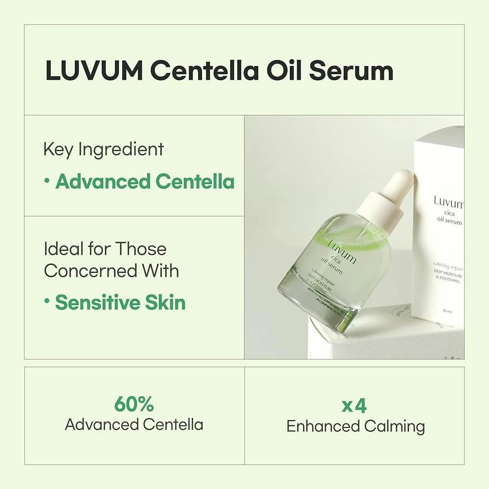 LUVUM Centella Oil Serum in Glasflasche mit Pipette. Enthält 60% Advanced Centella.