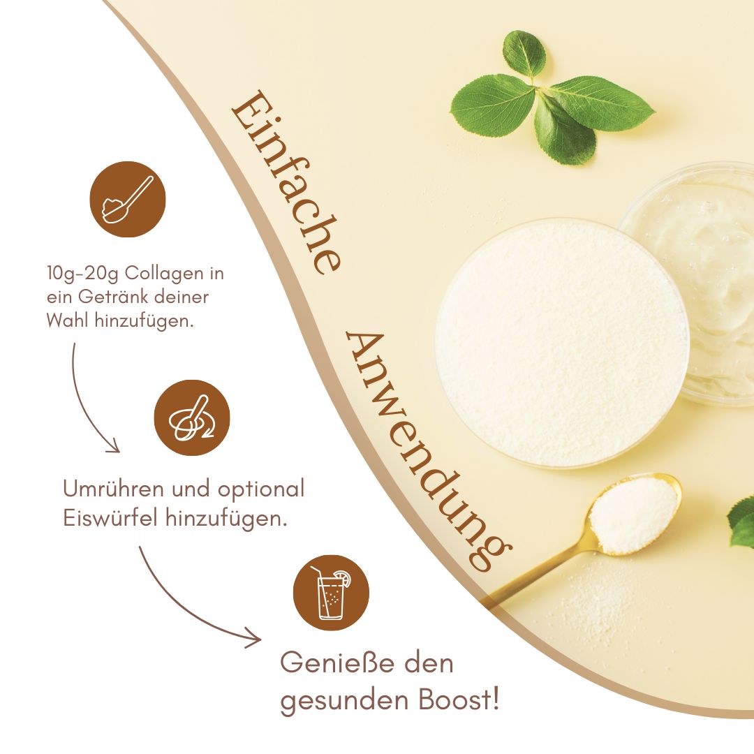 Anwendungshinweise. Schritte: Collagen in Getränk geben, umrühren, Eiswürfel hinzufügen. Produkt und Löffel.