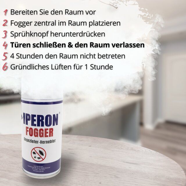 Weiße Sprühdose mit blauem Etikett und roter Schrift. Aufschrift: IPERON FOGGER Ungeziefer-Vernebler. Text: Anwendungshinweise.