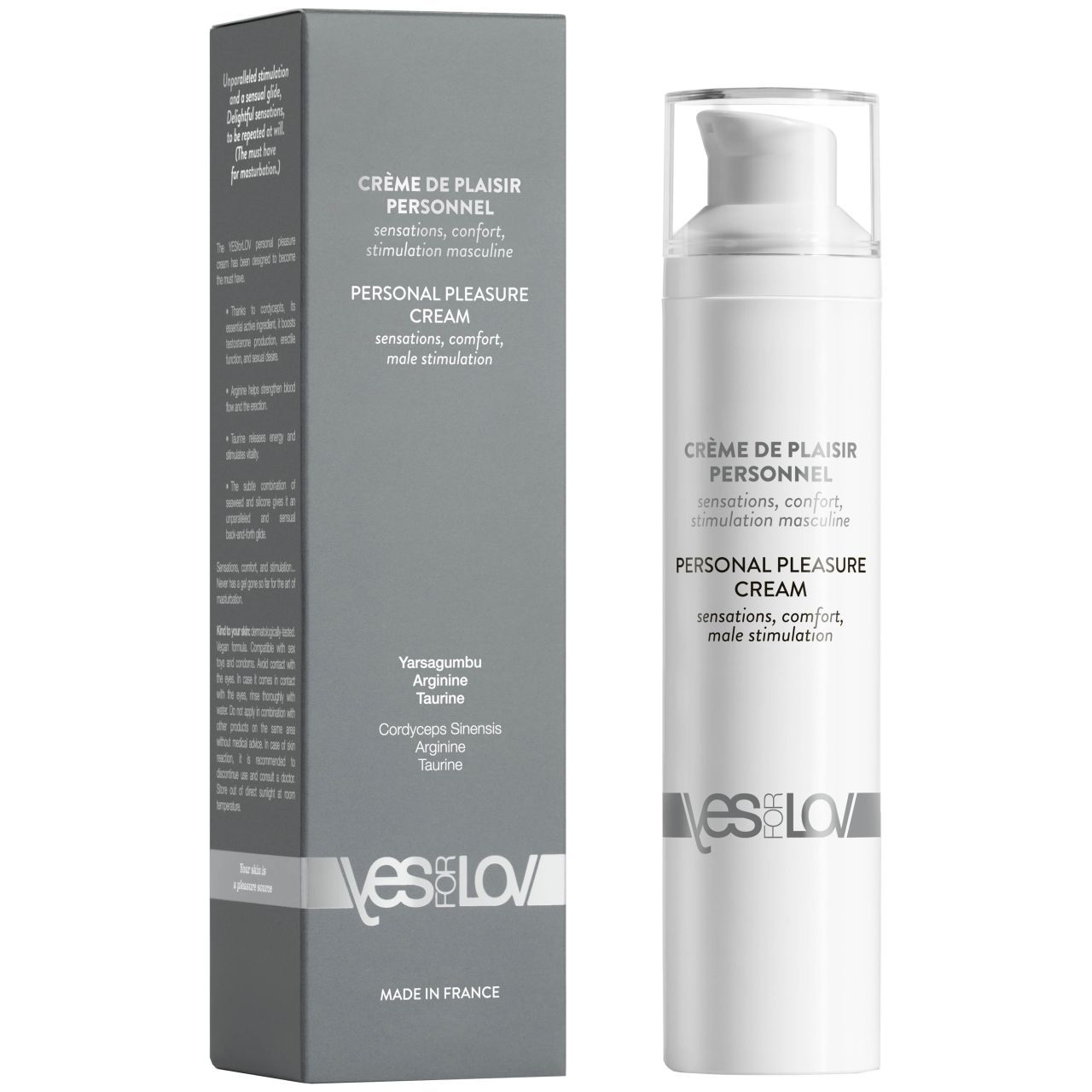 Creme-Flakon und Schachtel. Aufschrift: CREME DE PLAISIR PERSONNEL, YESforLOV. Graue Verpackung, weiße Flasche mit Spender.