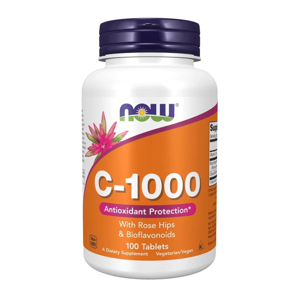 Weiße Flasche mit blauem Deckel. Aufschrift: NOW, C-1000, Antioxidant Protection, 100 Tabletten. Enthält Hagebutten und Bioflavonoide.
