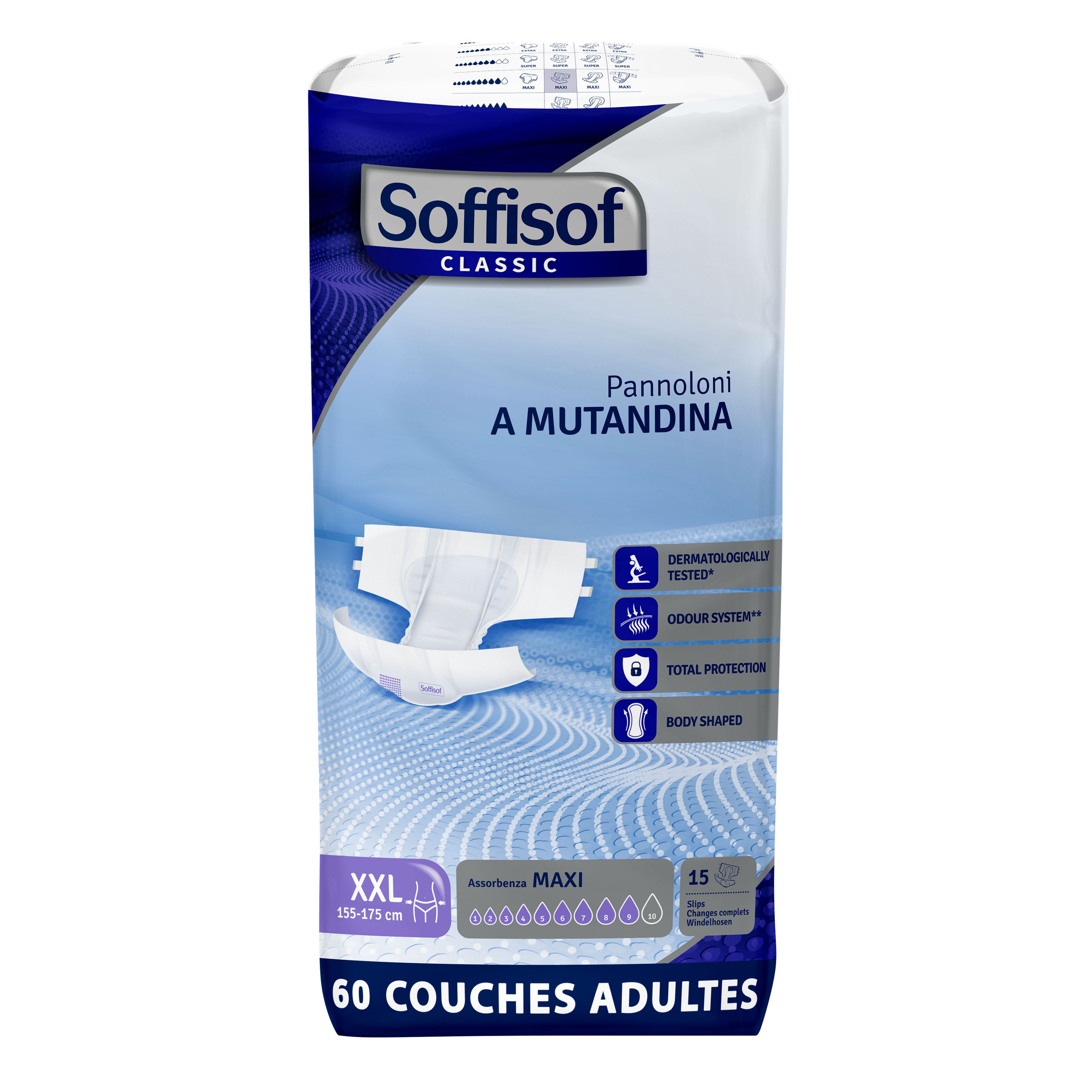 Soffisof Classic Maxi couches pour adultes, XXL, 60 pièces. Emballage avec image du produit et informations.