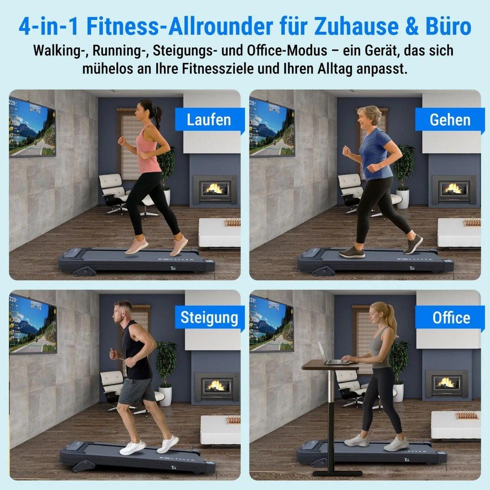 AsVIVA T25 Walking Pad mit 5% Steigungsfunktion für extra Power, simulierte Berglandschaft.