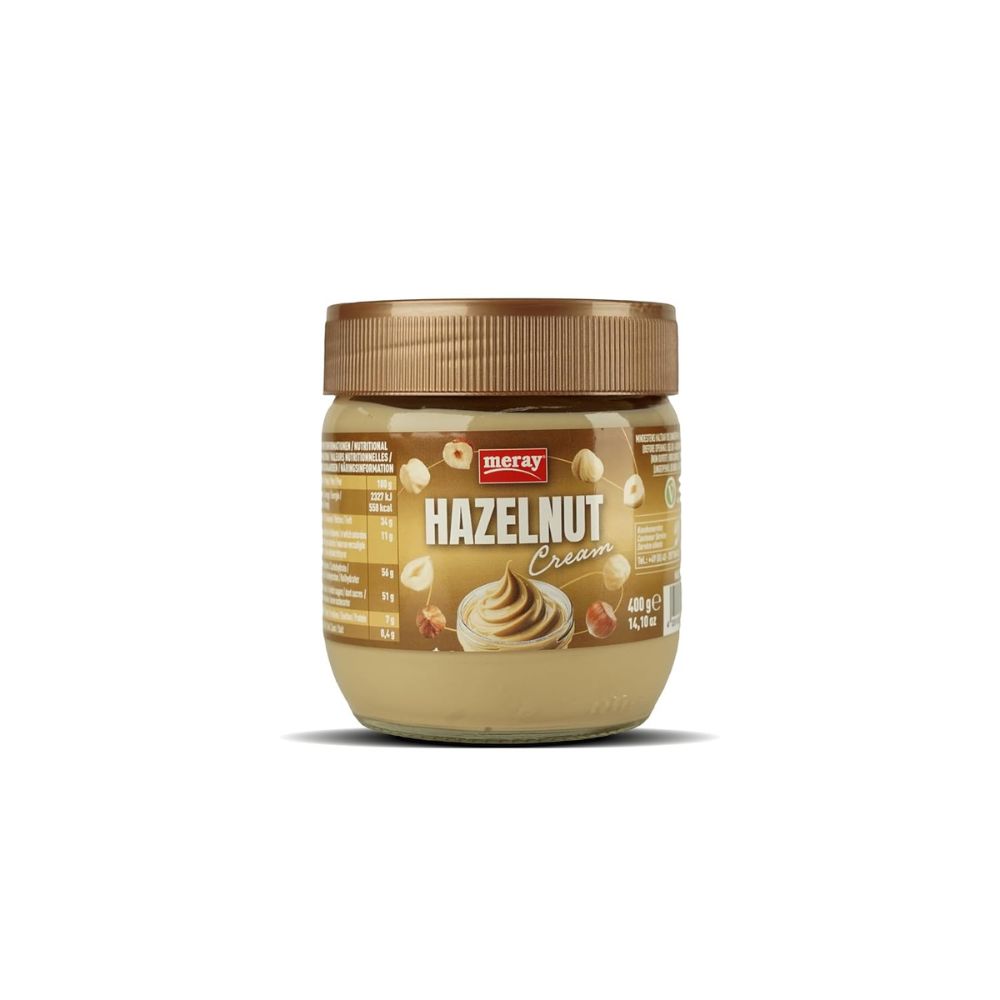 Glas mit MERAY Haselnusscreme. Brauner Deckel, Etikett mit Produktinformationen und Abbildung. Aufschrift: HAZELNUT Cream.