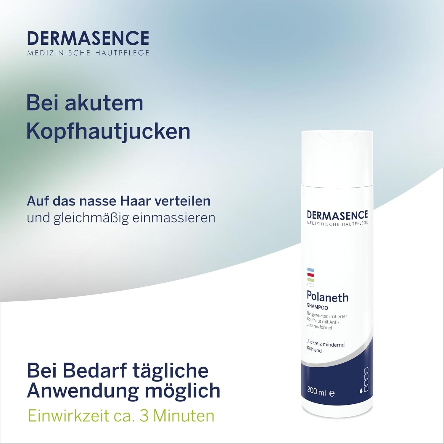 Flasche DERMASENCE Polaneth Shampoo. Text: Bei akutem Kopfhautjucken. Anwendung: Auf nasses Haar verteilen und einmassieren.