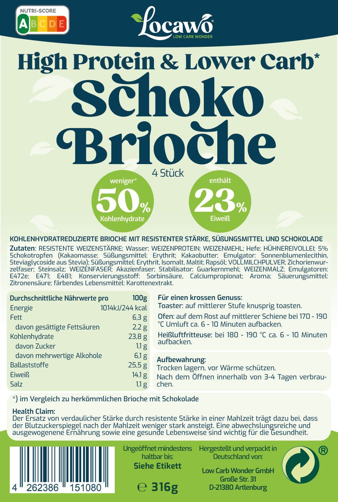 Verpackung von Locawo Schoko Brioche. Aufdruck: High Protein & Lower Carb, Nährwertangaben, Zutaten, Logo, 4 Stück.