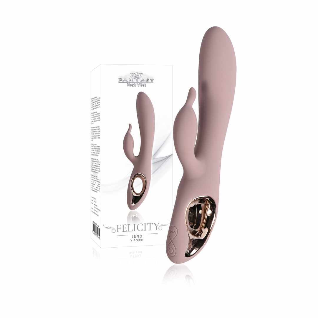 Rosa Vibrator neben Verpackung. Verpackung mit Produktabbildung und Text. Produktname: FELICITY, Marke: Hot Fantasy.