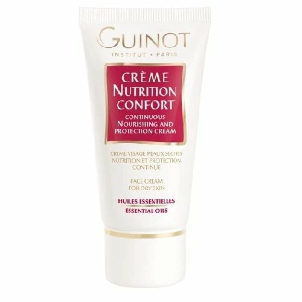 Weiße Tube mit rotem Etikett. Aufschrift: Crème Nutrition Confort, Guinot. Für trockene Haut. Mit essentiellen Ölen.