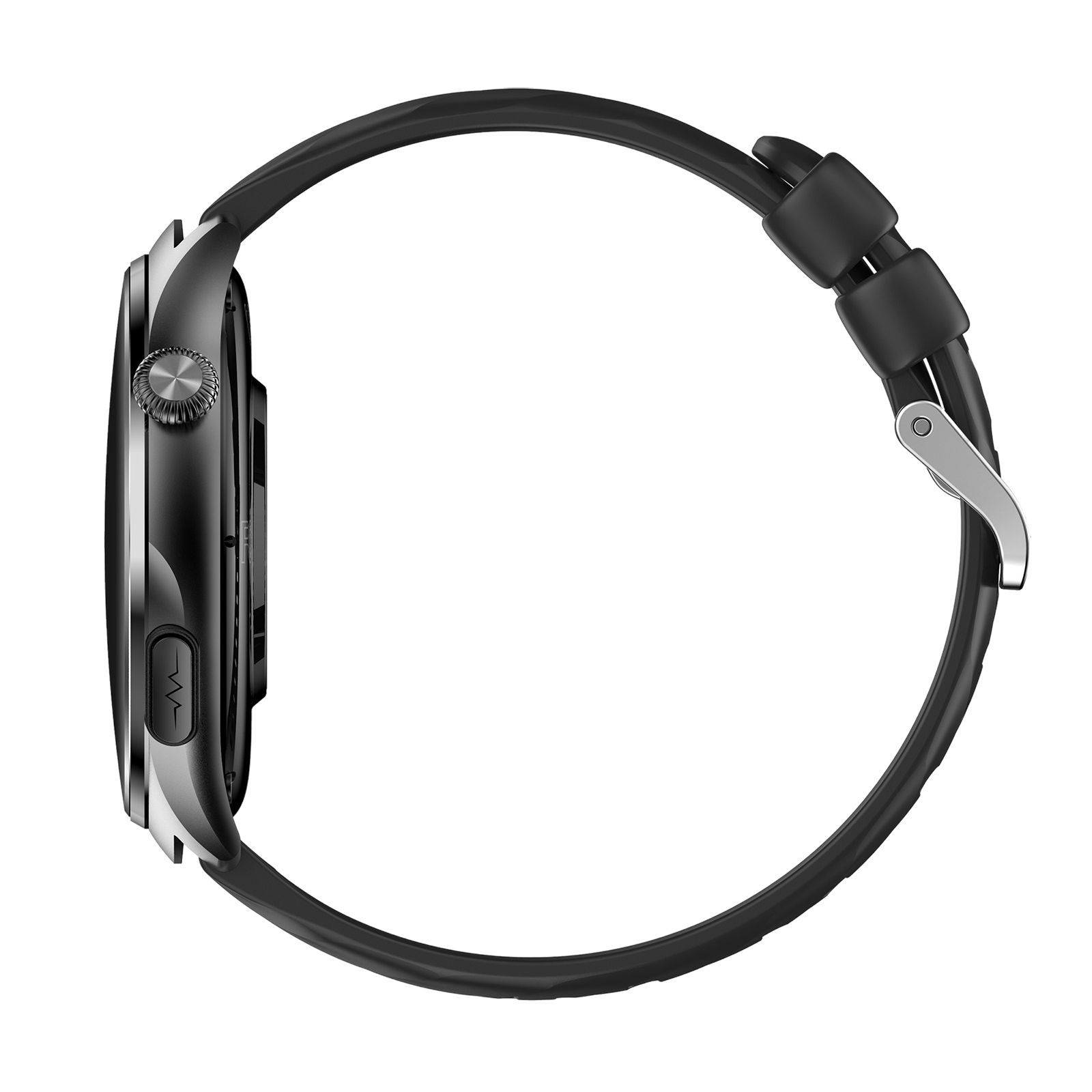 Schwarze Smartwatch von der Seite. Rundes Gehäuse, schwarzes Armband mit Schnalle. Knopf an der Seite.