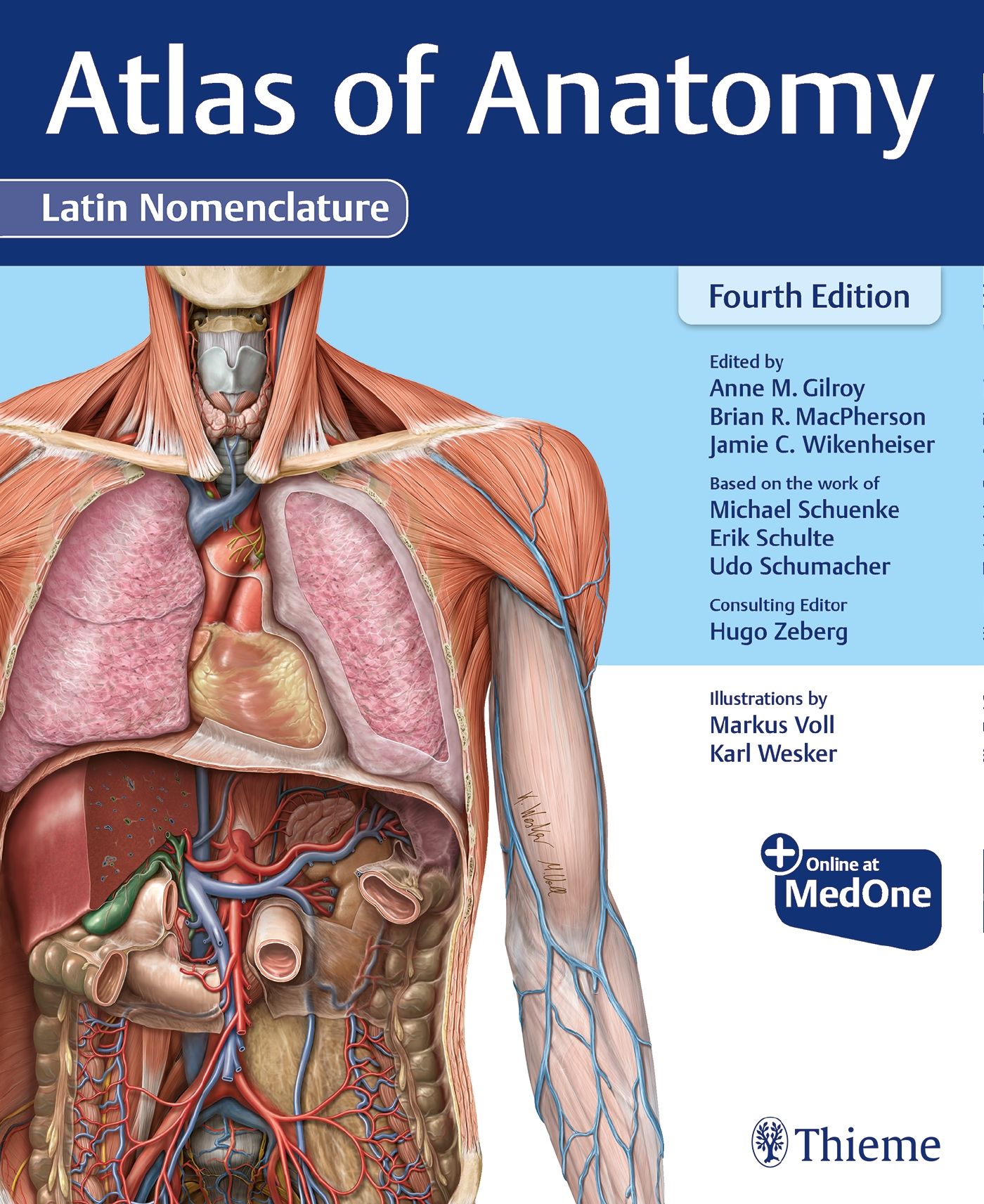 Buchcover des "Atlas of Anatomy, Latin Nomenclature". Darstellung des menschlichen Körpers. Enthält Text: "Fourth Edition" und "Thieme".