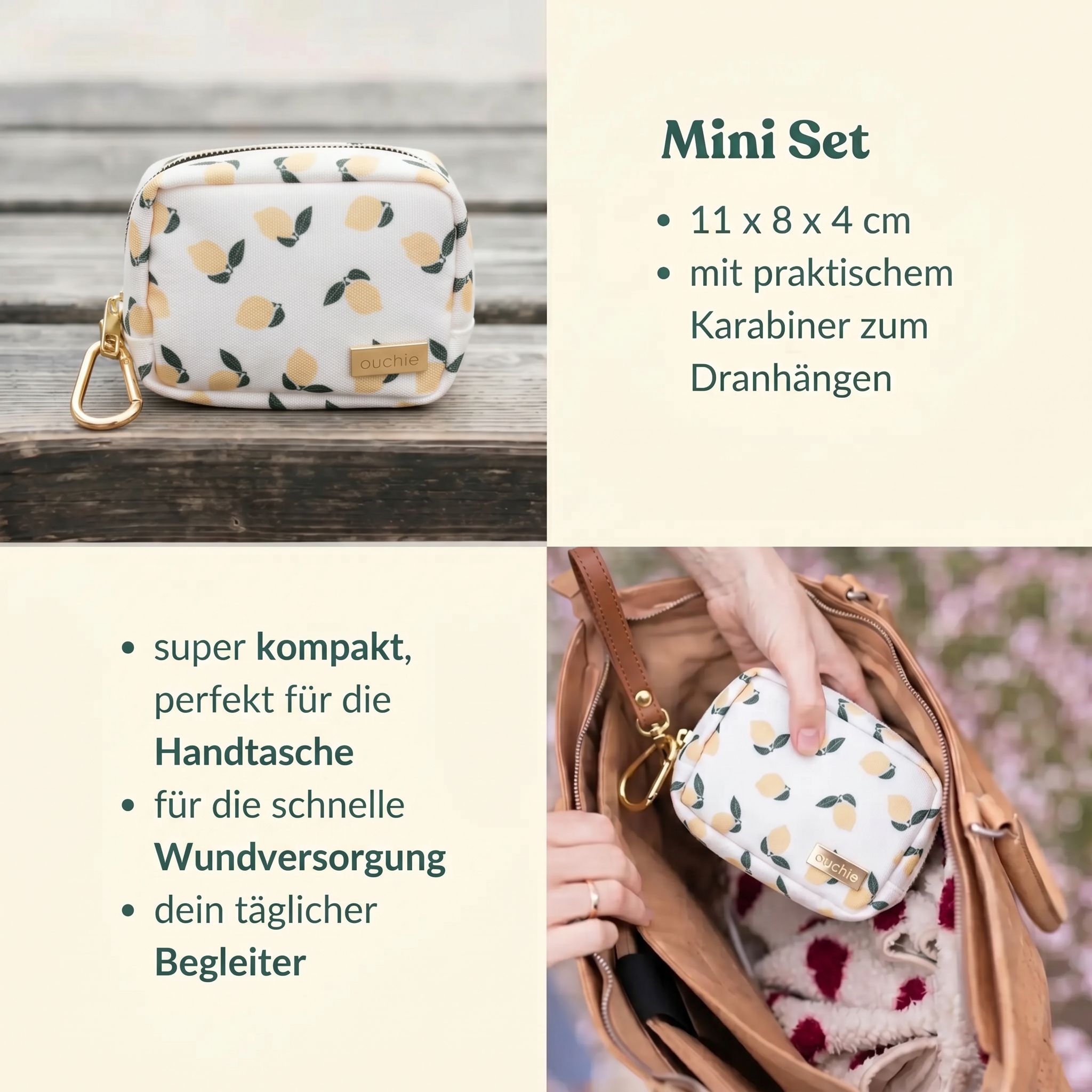 Ein ouchie Mini Erste-Hilfe-Set mit Zitronenmuster, das in eine Tasche gesteckt wird.