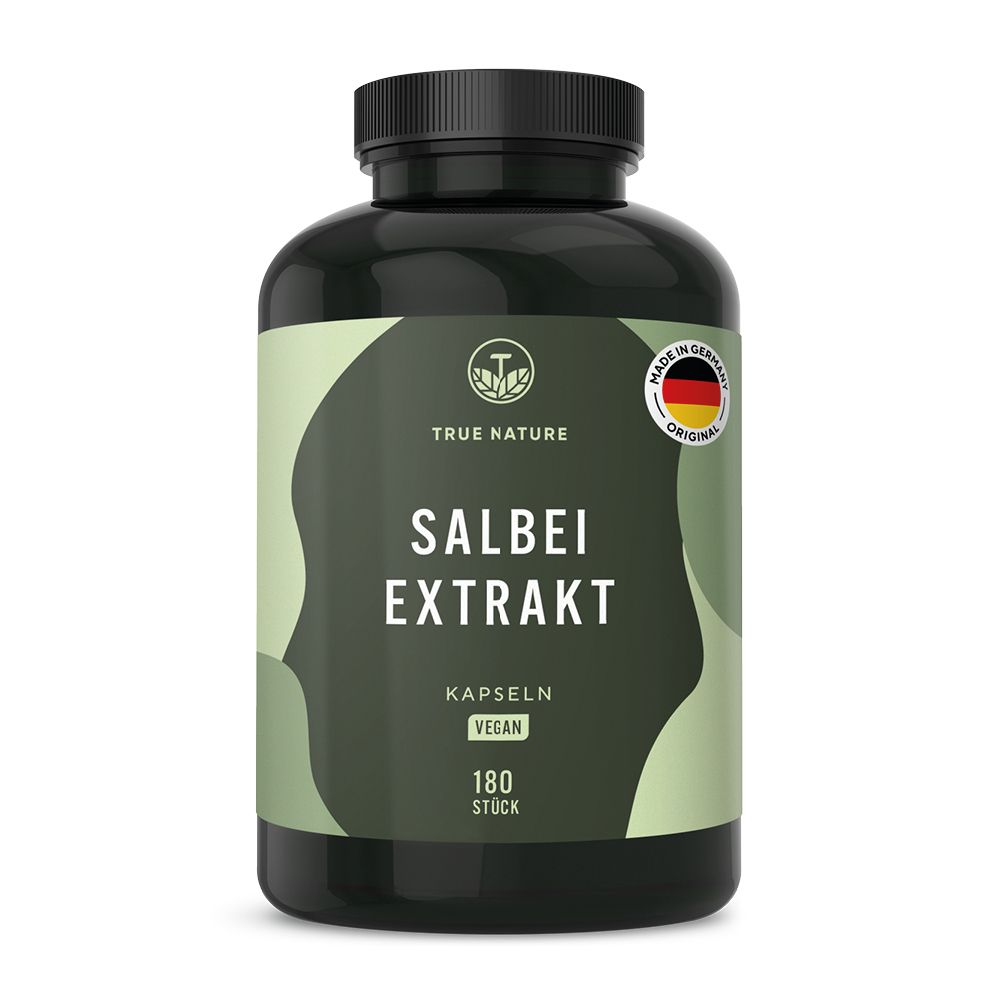 Schwarzer Behälter mit TRUE NATURE Salbei Extrakt Kapseln, 180 Stück, Made in Germany Siegel.