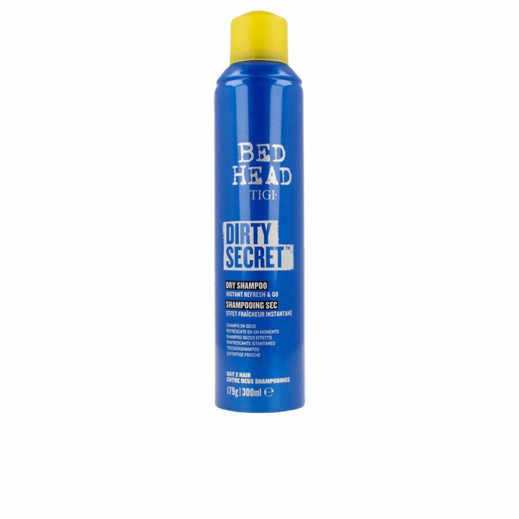 Blaue Sprühflasche mit gelbem Deckel. Bed Head Dirty Secret Trockenshampoo. Text auf der Flasche: Dry Shampoo, 179g/300ml.