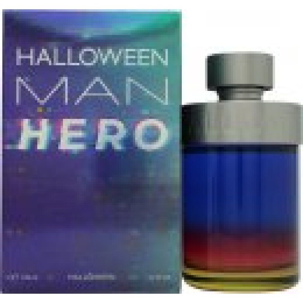 Flakon und Verpackung. Flakon mit Farbverlauf von Blau nach Gelb. Verpackung mit Schriftzug: HALLOWEEN MAN HERO.
