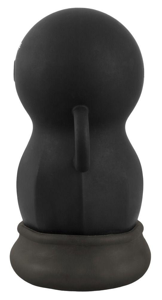 Schwarzes Wellness-Produkt. Runde Form mit Griff und Sockel. Logo REBEL. Bedienfeld mit Knopf.