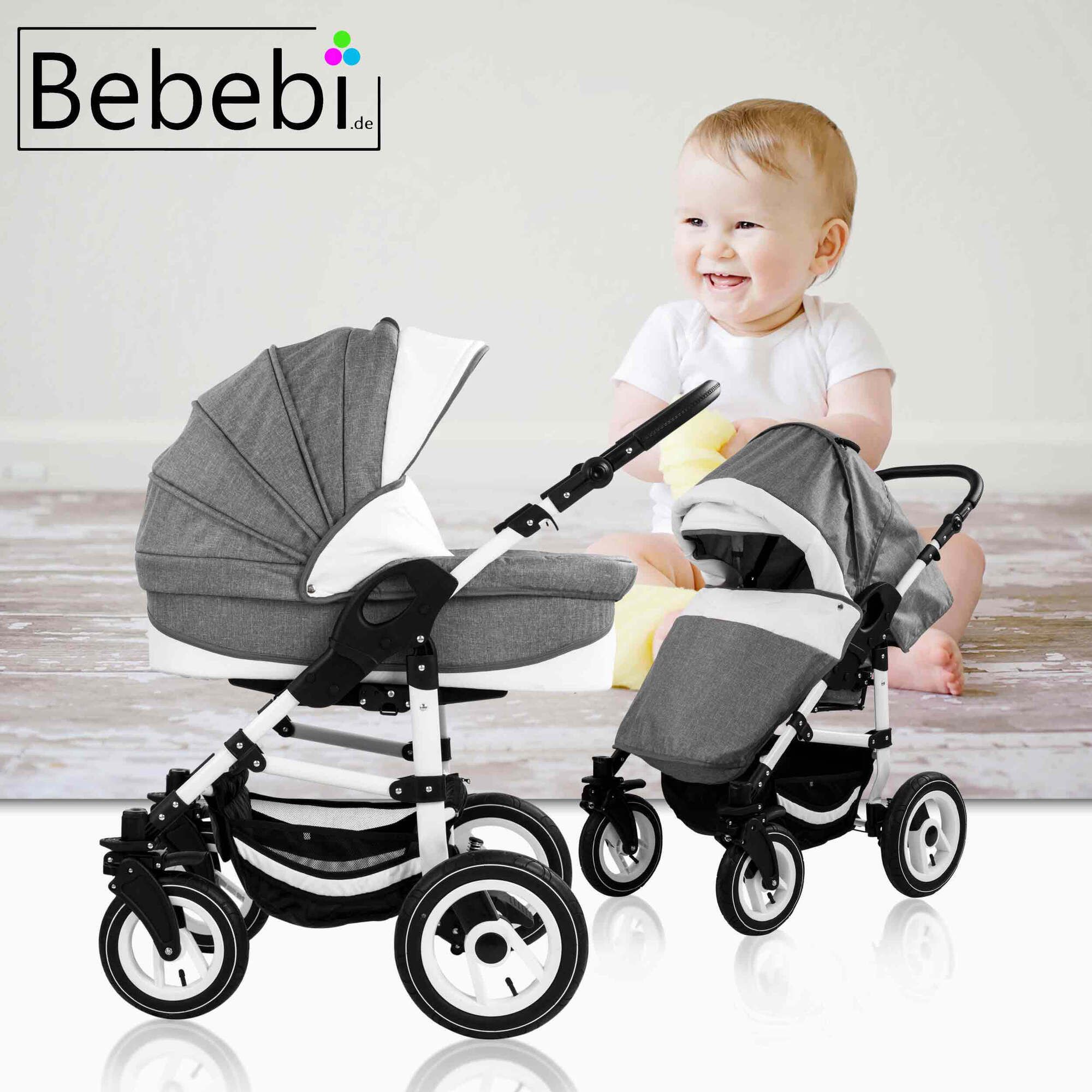 Kombikinderwagen mit Luftreifen, hellgrau-weiß. Zwei Konfigurationen, Baby und Kind. Marke Bebebi.de. Kind lächelt.
