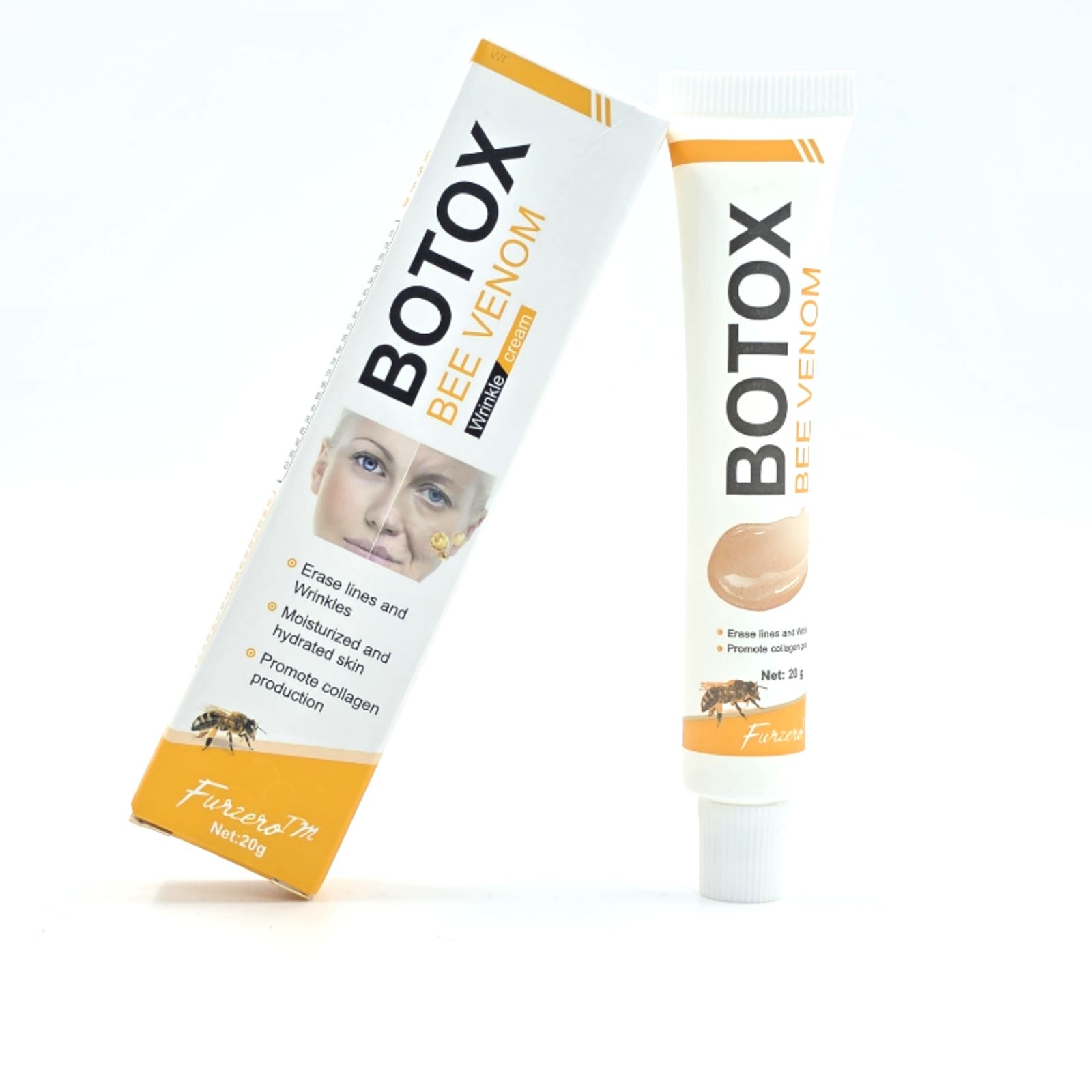 Tube und Kartonverpackung für Botox Bee Venom Faltencreme, 20g.