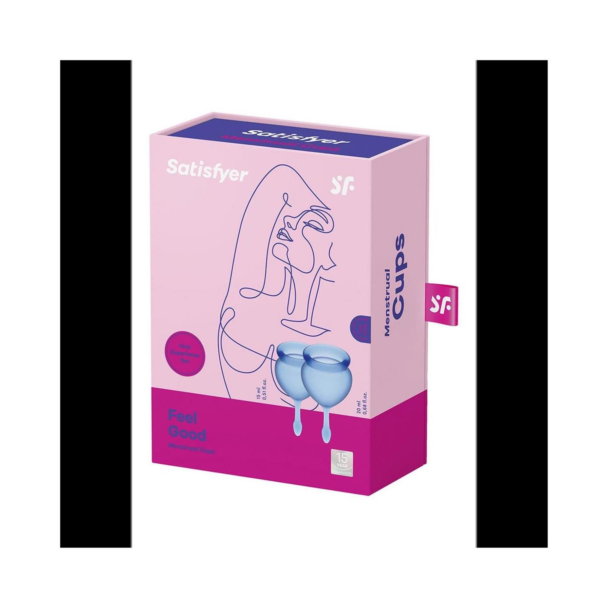 Rosa Verpackung mit Produktabbildung und Schriftzug "Satisfyer". Enthält zwei Menstruationstassen. Label mit "Cups".